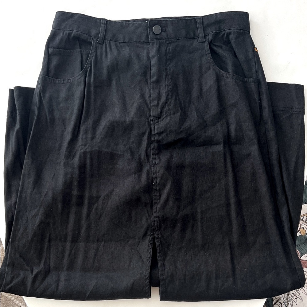 Pilcro x Anthropologie The Madi Front Slit Midi Linen Blend Skirt Black Sz 12 - Picture 3 of 7